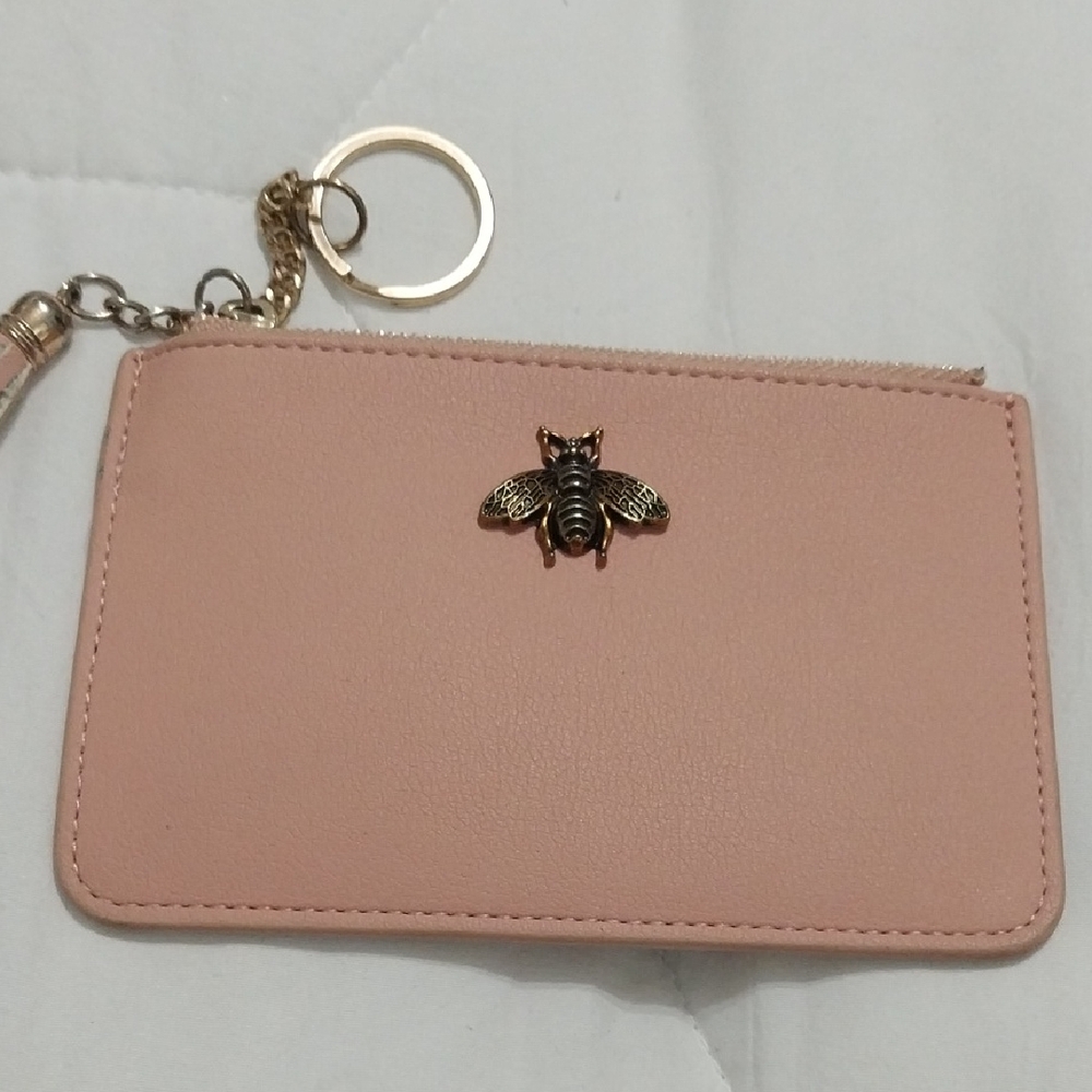 Pink Leather Keychain Wallet with Bee Accent